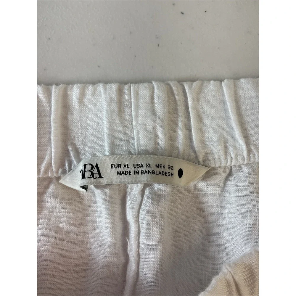 Zara White Wide Leg Linen Pants Women's Size XL Flowy Raw Hem Beach Resort Sheer